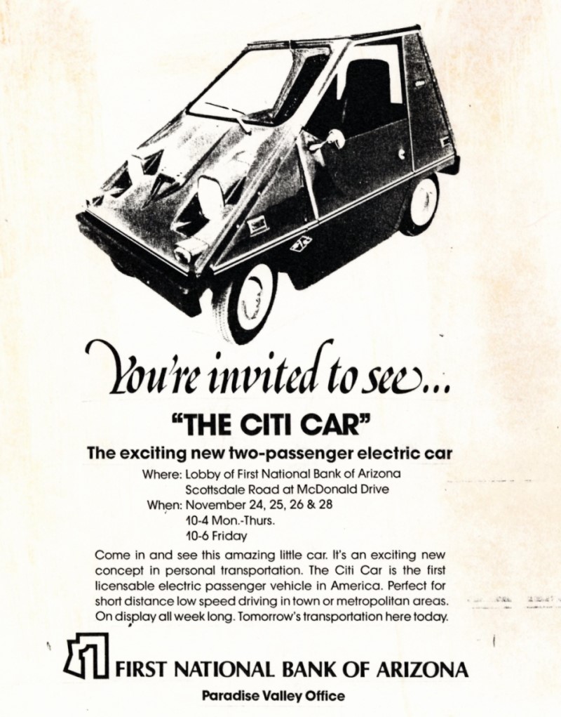 Advertisement for First National Bank of Arizona, Paradise Valley Office, showing a small vehicle and text “You’re invited to see… The Citi Car, the exciting new two-passenger electric car.”