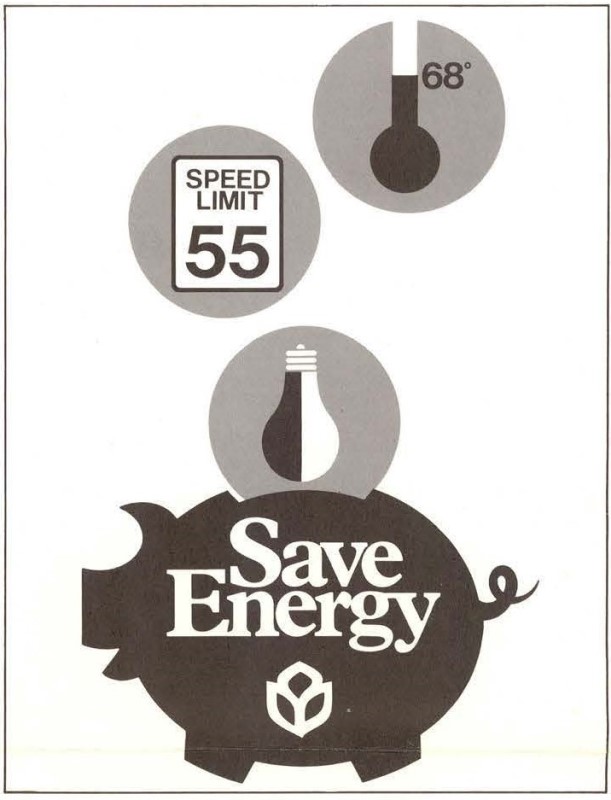 Illustration of piggy bank with trefoil symbol and Save Energy text. Three circles above piggy bank contain a half-darkened light bulb, a speed sign at 55mph, and a thermometer at 68 degrees. Image link will enlarge image.