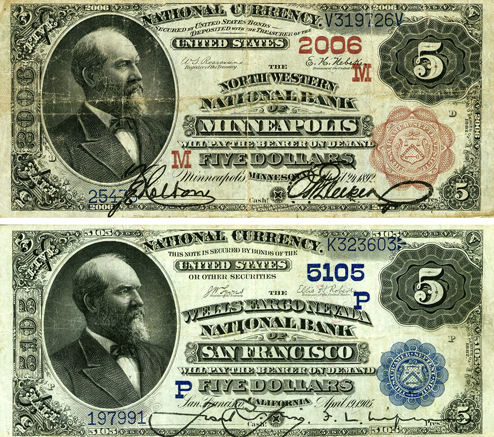 On the top, a green national currency bill for $5 issued from the Northwestern National Bank of Minneapolis. The bill has the image of Secretary of the Treasury Salmon P. Chase. On the bottom, a green national currency bill for $5 issued from the Wells Fargo Nevada National Bank of San Francisco. The bill has the image of Secretary of the Treasury Salmon P. Chase.
