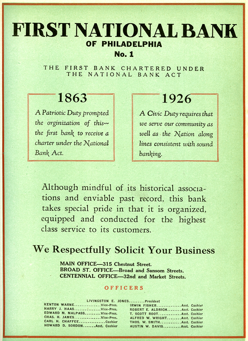 A green advertisement with black lettering for the First National Bank of Philadelphia that reads: The first bank chartered under the National Bank Act.