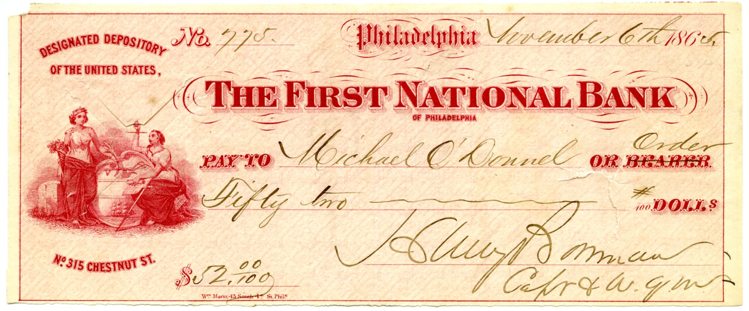 A tan check with red lettering from The First National Bank of Philadelphia. A red illustration of two women representing liberty and justice is on left margin of check.