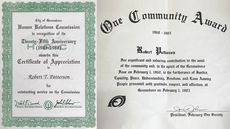 Two award certificates. The first is outlined in green and was issued from the Human Relations Commission. The second is Community award on white paper.