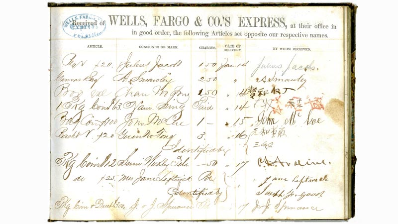 A page of a ledger book showcasing signatures from Chinese customers. Wells, Fargo & Co.’s Express is in large print across the top of the page. Image link will enlarge image.