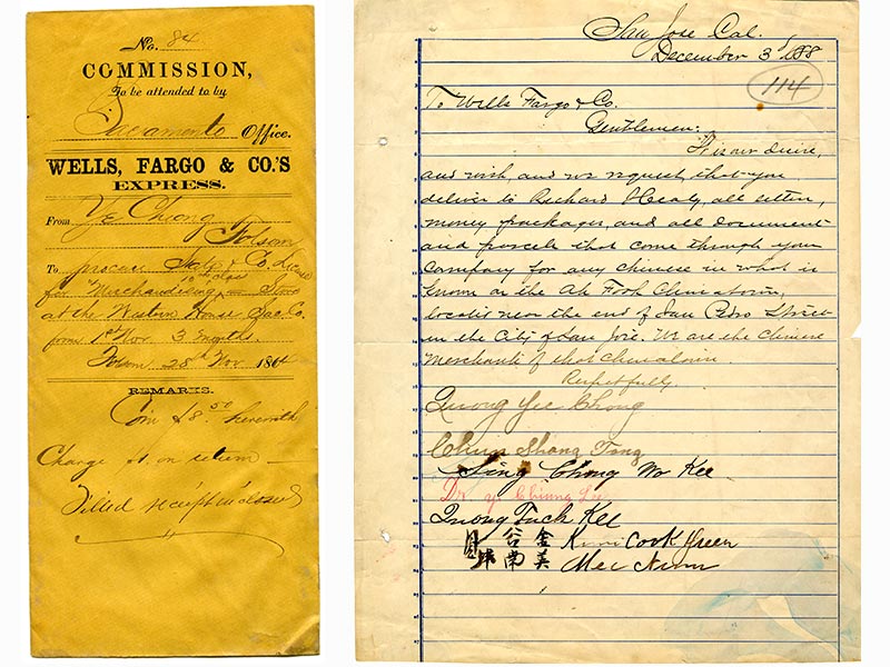 Lined paper with letter written in 1888 to Wells Fargo and signed by several people in English and Chinese. A Commission receipt dated November 28th, 1864. The receipt has yellowed with age. Image link will enlarge image.