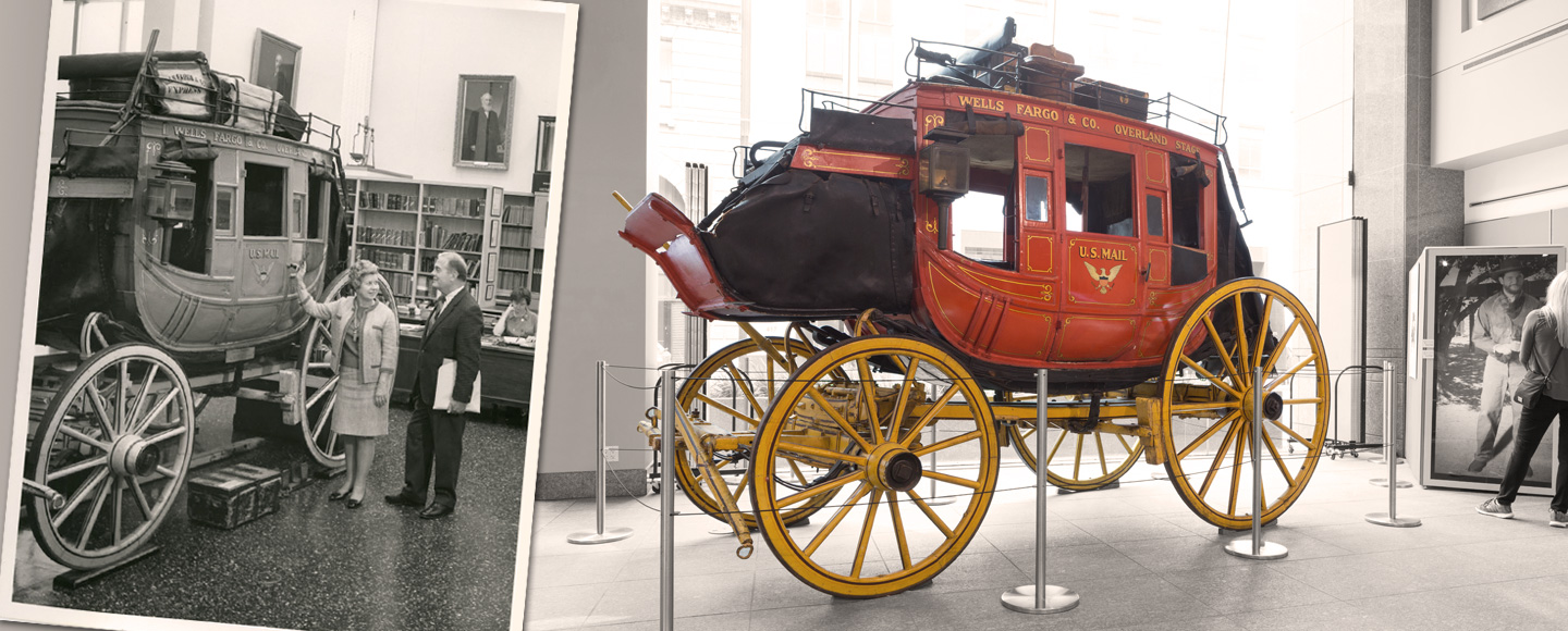 On the left, two people stand before the coach displayed in the history room. On the right, the same coach in color on display in the Wells Fargo Museum.