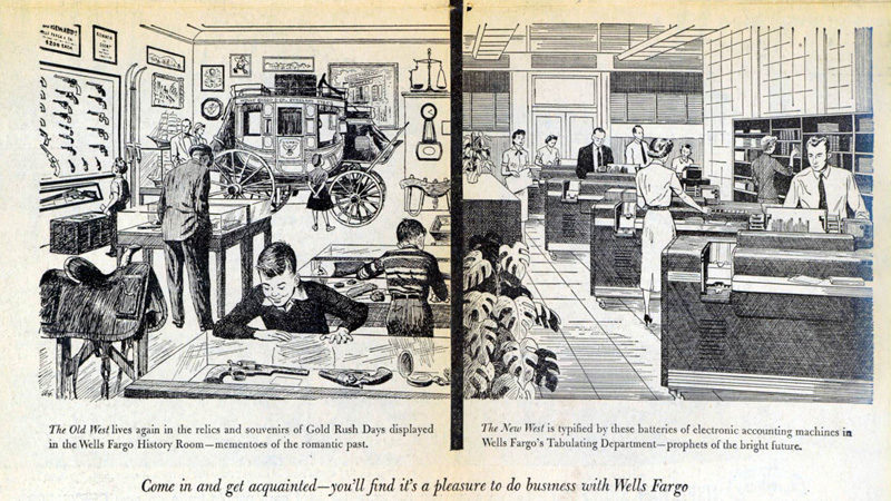 Two illustrations show a stagecoach at the back, with people sitting or standing at desks, and a room with desks and people standing. It says: Come in and get acquainted - you'll find it's a pleasure to do business with Wells Fargo.
