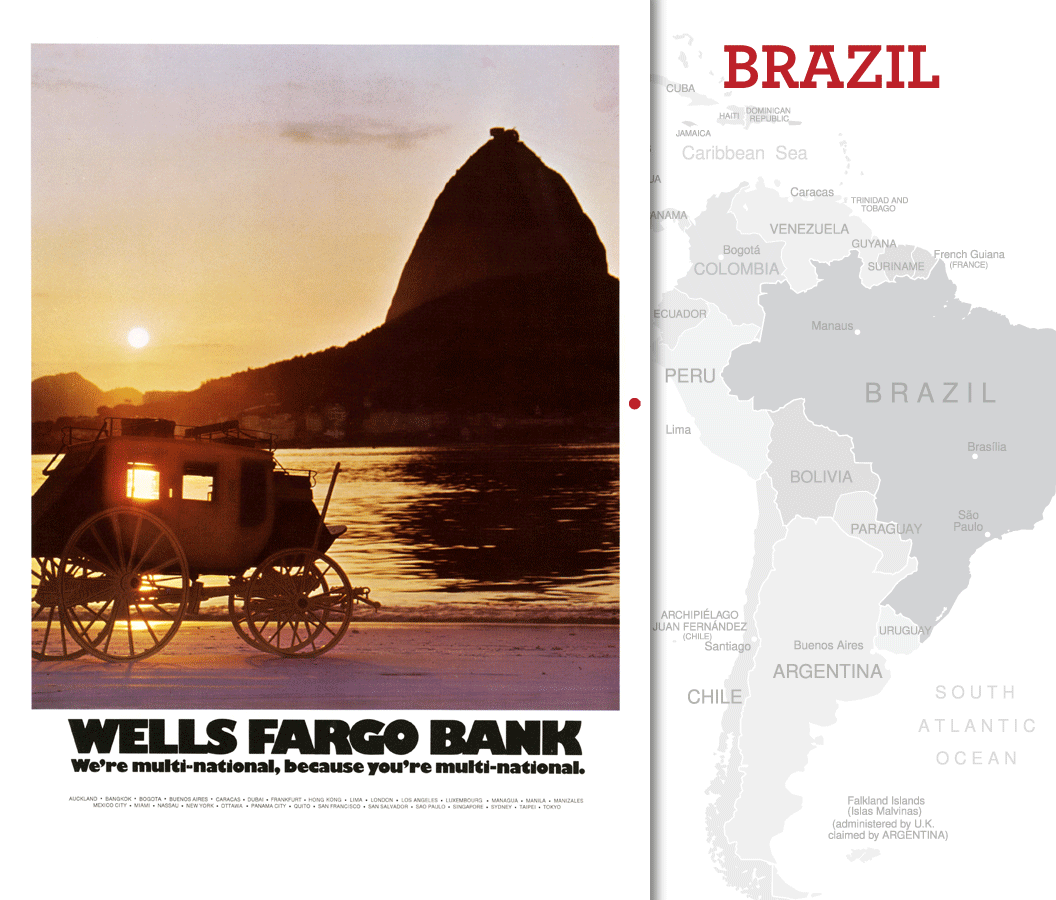 A Wells Fargo stagecoach is parked on Rio de Janeiro beach with a sunset in the background shadowing a tall hill. Image link will enlarge image.