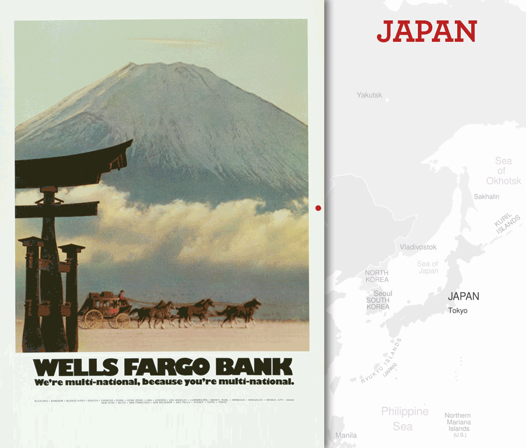 A Wells Fargo stagecoach passes underneath dense clouds. Peaking over the top of the clouds high into the sky are the snow-covered peaks of Mt. Fuji in Japan. Image link will enlarge image.