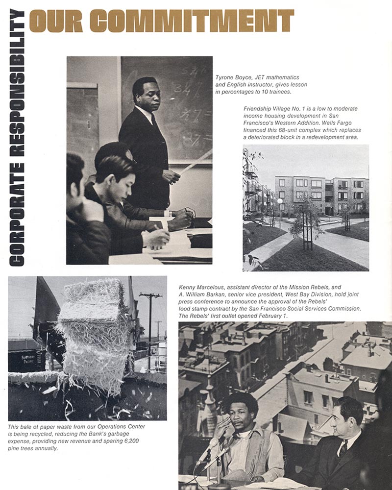 An article page with four images from left to right: 1. A man teaches students seated at a table; a blackboard is behind him. 2. A courtyard with two apartment buildings in the background. 3. A forklift drops a bale of recycled paper into a large bin. 4. Two men are seated at a table with microphones. Behind them a historic street scene image is on the wall.