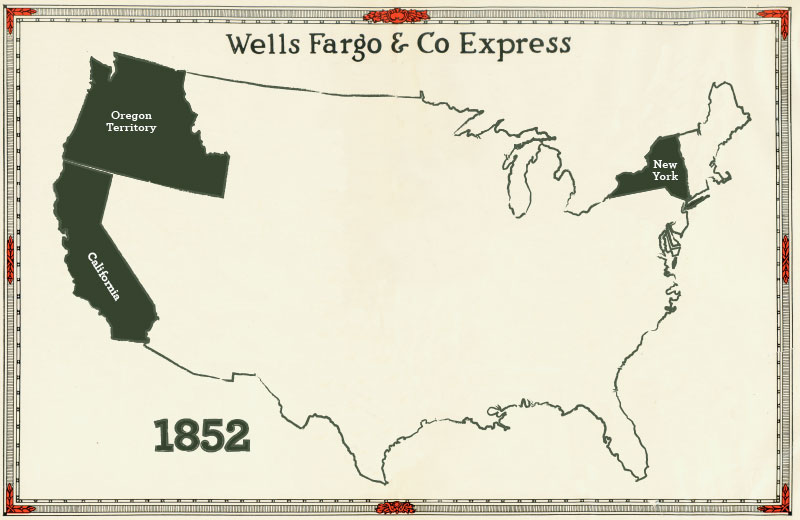Outline map of United States from 1852, highlighting that Wells Fargo & Co Express business operating in New York State, California and Oregon Territory. Image link will enlarge image.