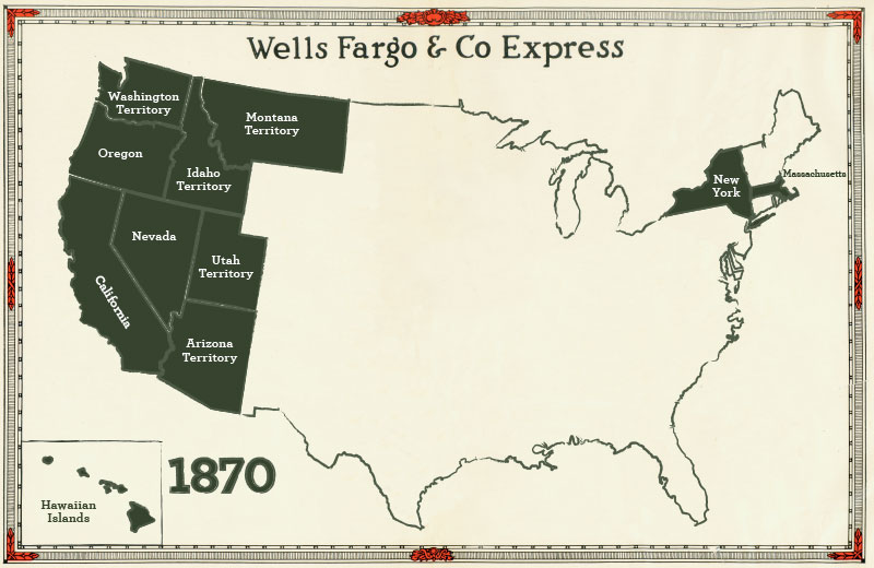 Outline map of United States from 1870, highlighting that Wells Fargo & Co Express business has added operation in the states of Massachusetts, Nevada, Oregon. Also added are the Washington, Montana, Idaho, Utah, and Arizona Territories, as well as the Hawaiian Islands. Image link will enlarge image.