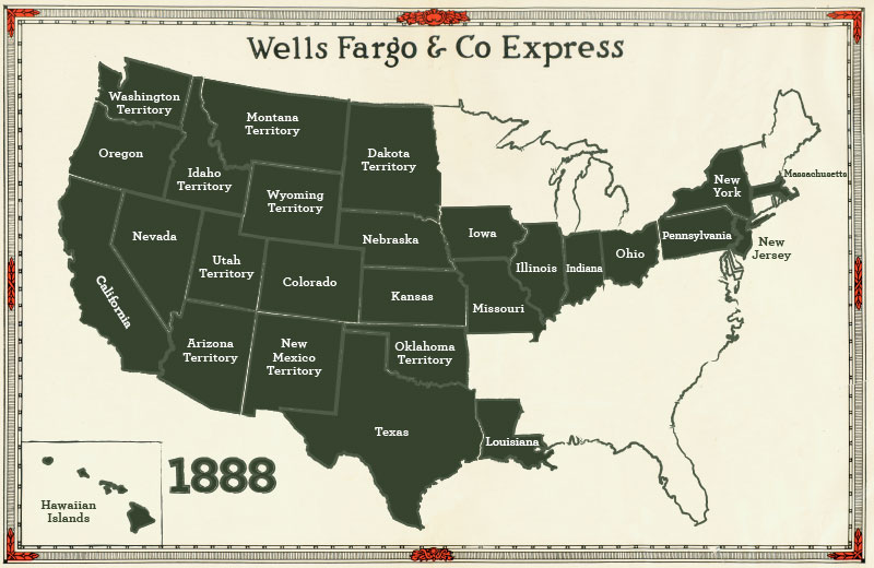 Outline map of United States from 1888, highlighting that Wells Fargo & Co Express business has added operation in the states of New Jersey, Pennsylvania, Ohio, Indiana, Illinois, Iowa, Missouri, Louisiana, Texas, Kansas, Nebraska, and Colorado. Also added are the Oklahoma, Dakota, Wyoming, and New Mexico Territories. Image link will enlarge image.