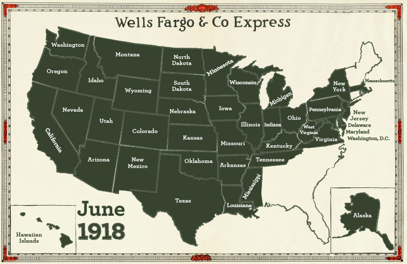 Outline map of United States from June 1918, highlighting that Wells Fargo & Co Express business operating across the map with only a few New England and South Eastern States excluded. Image link will enlarge image.