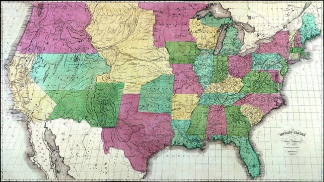 A map of the United States from 1852 in pink, yellow and green. Large parts of the western region are noted as territories as they are not yet states. Image link will enlarge image.