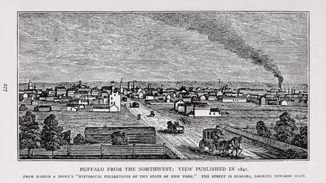 View of unpaved street with stagecoach at forefront and smaller buildings in distance. Black and white drawing. Image link will enlarge image.