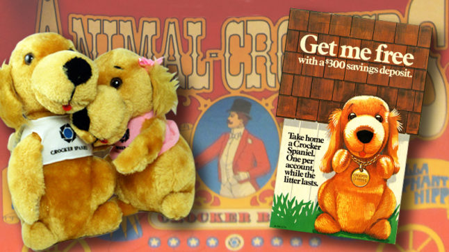 On the left two plush tan dogs, on the right a brochure for a free offer for the plush dog, all superimposed over an animal cracker box with circus theme.