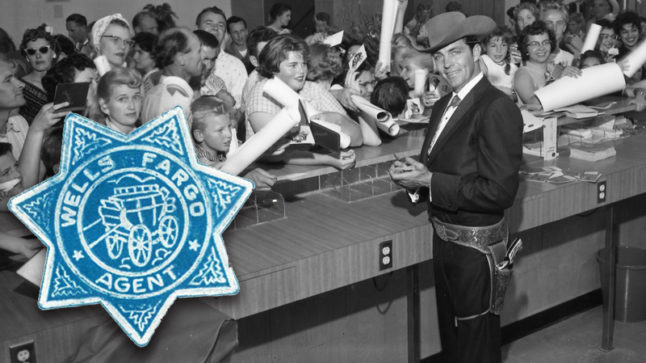 On the left a blue Wells Fargo agent badge is superimposed over an image of a man dressed in a cowboy outfit signing autographs for a room full of young fans.