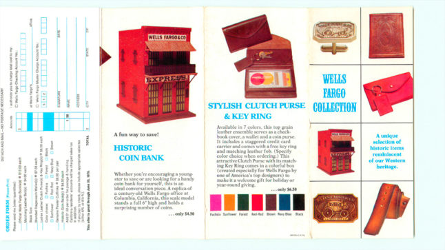 An order form and brochure featuring collectible items such as a red coin bank shaped like a building, a leather clutch purse and key ring, belts and belt buckles.