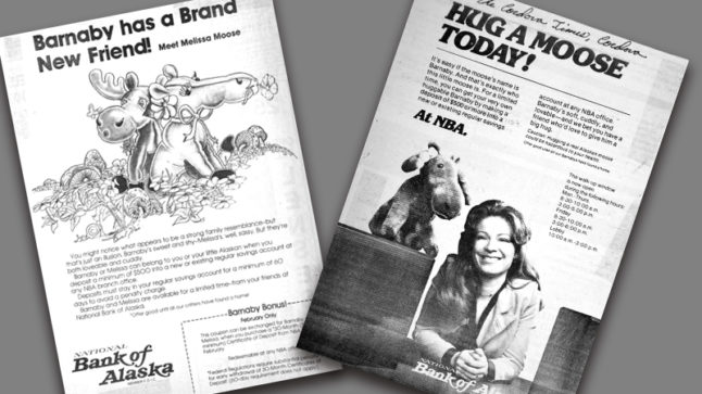 An advertisement in black and white for the Hug a Moose campaign, with a woman teller posing with a plush moose.