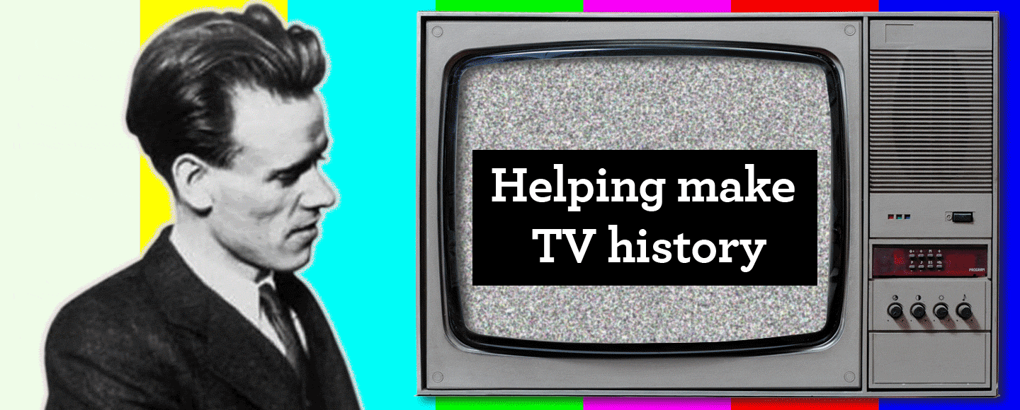 A man in black and white looks at a historic box television. On the screen grey static is moving around and the words Helping make TV history are displayed. The background is multiple thick colored lines in yellow, light blue, green, purple, red and dark blue.