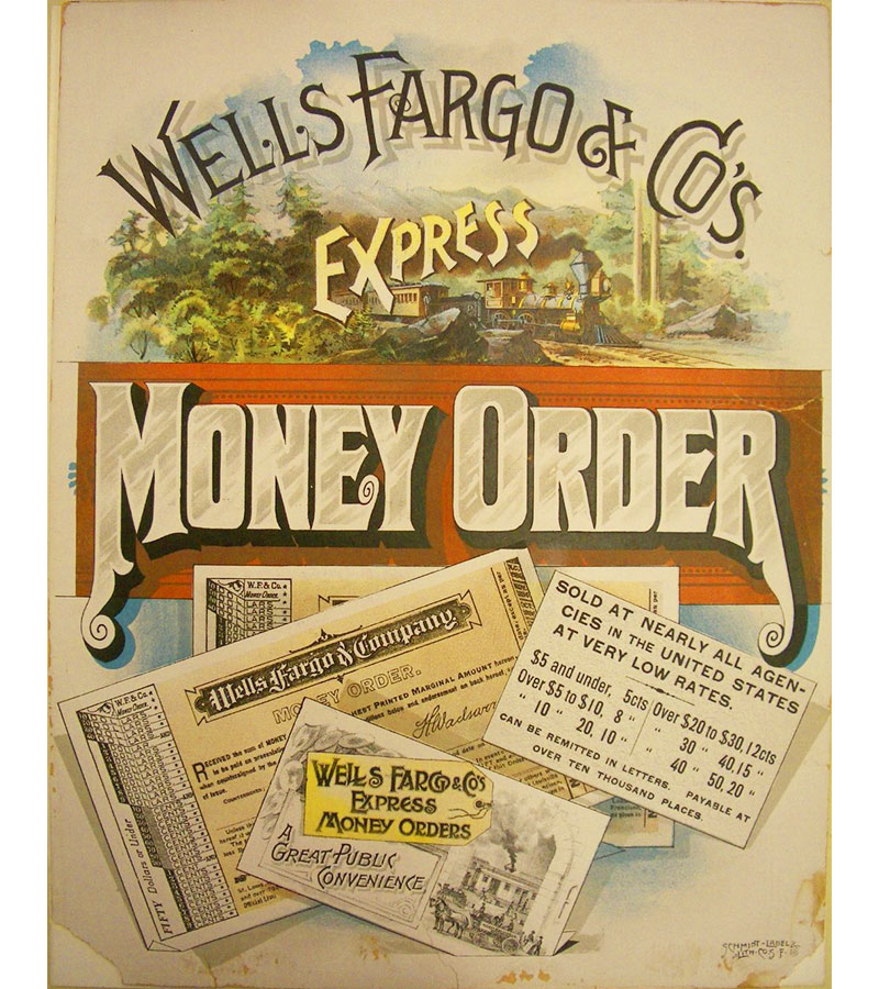Poster for Wells Fargo & Co Express Money Orders with colorful steam train graphic on top and several examples of money orders layered over each other below.