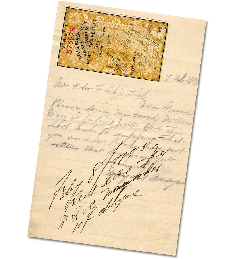 A handwritten letter dated 1895 on tan lined paper with an attached color Money Order receipt.
