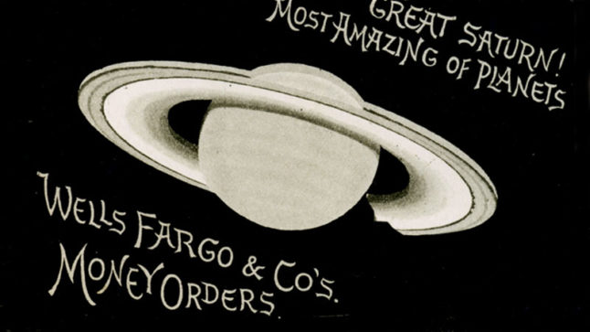 Postcard featuring illustration of planet Saturn on a black background. Reads: Great Saturn! Most Amazing of Planets. Wells Fargo and Co.'s Money Orders.