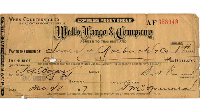 A historic money order from 1917 for the amount of $1 made out to Sears & Roebuck & Co