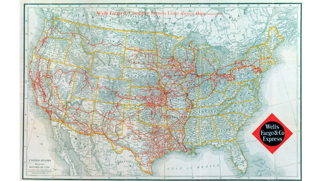 A map of the United States in light blue with states outlined in yellow. Across the map are areas shaded in red to indicate where people could purchase money orders from Wells Fargo.