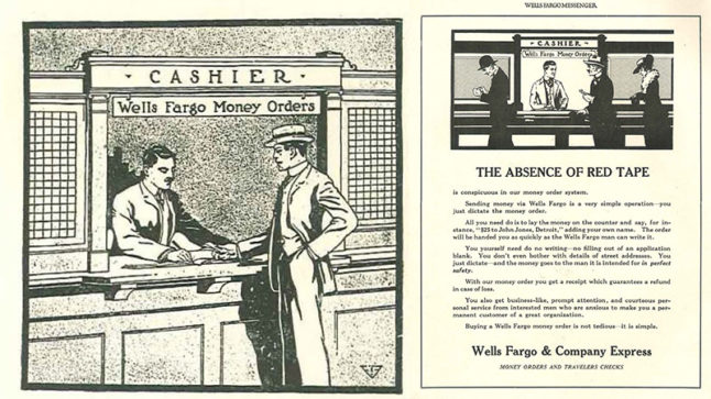 An illustration featured in the company magazine, Wells Fargo Messenger, showing a customer buying money orders.