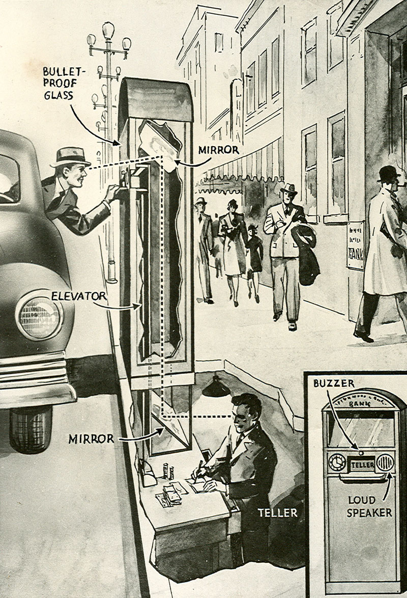 A black and white illustration with a car parked at a curb on the left. A man leans out the window to reach a curb teller machine. An xray visual allows the internal workings of the box to be seen, showing an elevator that takes money below street level to an area where a teller sits at a desk waiting to conduct business. Image link will enlarge image.