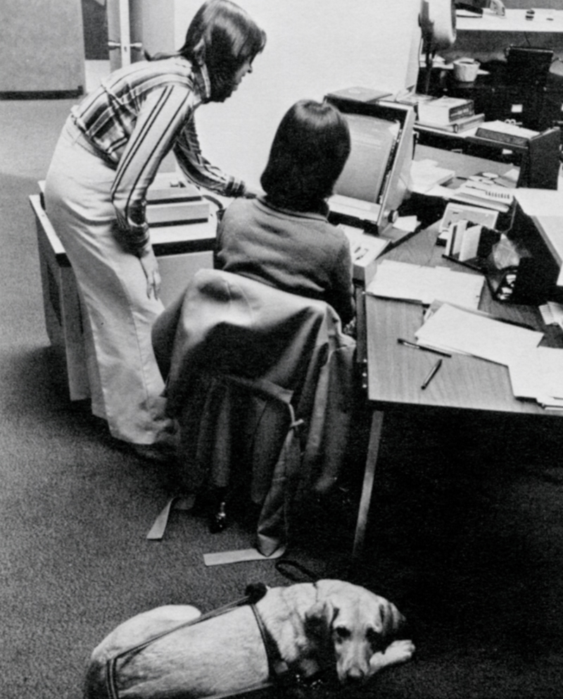 An office setting with a woman sitting at a desk full of papers and a large, box computer monitor. A second woman stands beside the seated woman engaged with the monitor. On the floor in the foreground rests a service dog. Image link will enlarge image.