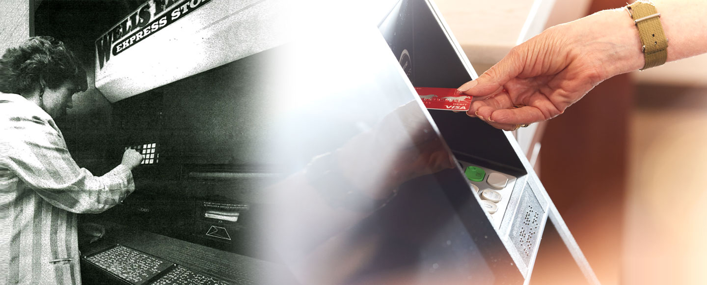 A woman stands at an ATM and pushes buttons. A panel of Braille bumps are visible below the ATM, with 1985 in the corner of the image. On the other side, a hand puts a card in an ATM with 2019 in the corner of the image.