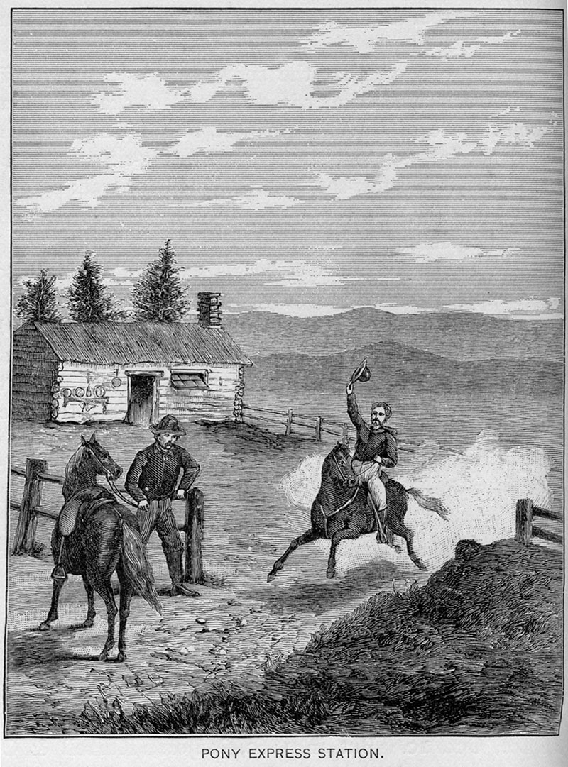 A black and white illustration of a pony rider entering a horse coral with a fresh horse waiting for him to mount. In the background is a small wood structure and a cloud filled sky.