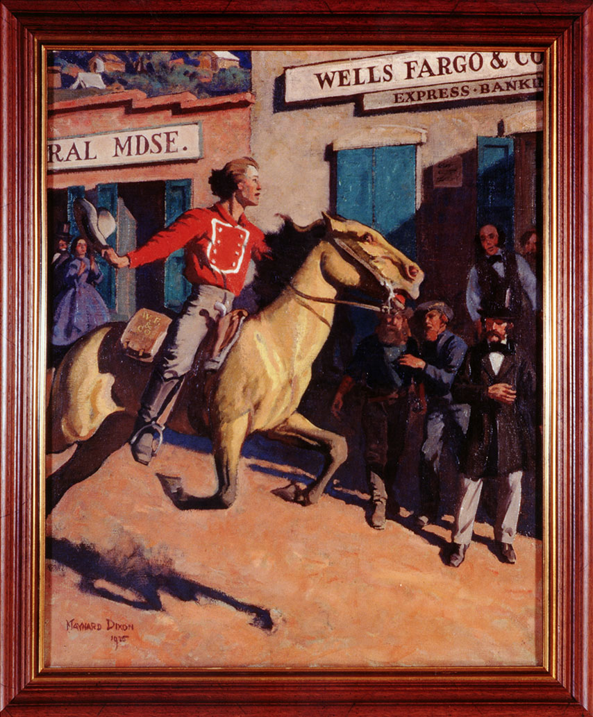 A color painting of a pony rider dressed in a red shirt galloping into town on a tan horse with a mochila in clear view beneath him. People gather on the streets to watch his arrival.