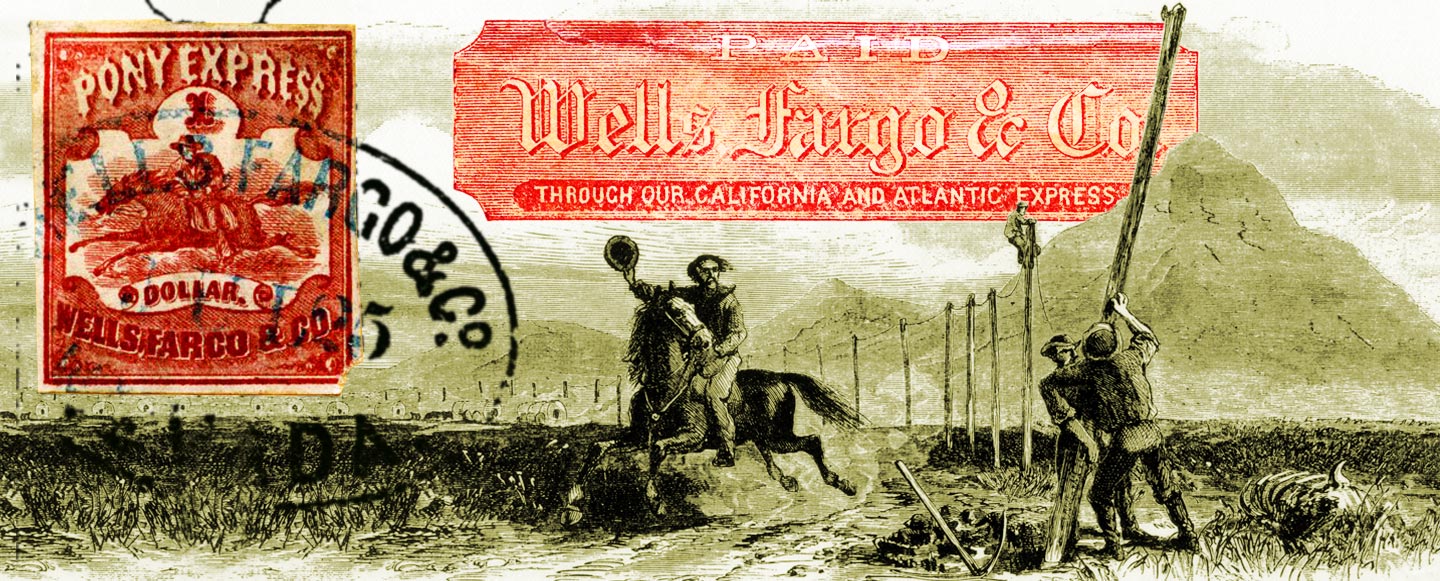 Two bright red Pony Express stamps superimposed over an illustration of a pony rider passing and tipping his hat to workers building telegraph lines.