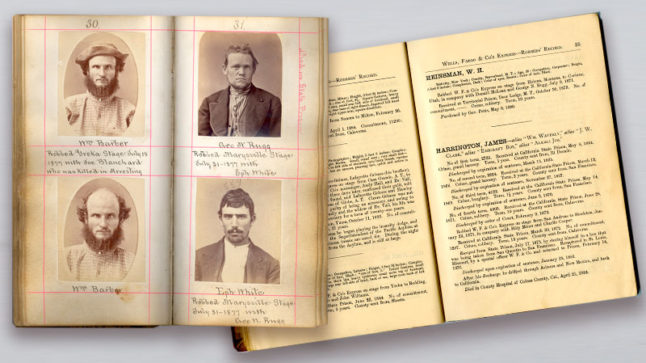 An aged, leather-bound book, opened to two pages with two headshots on each page with handwritten notes on the page lying on top of another opened book showing the entries of the men in the images.