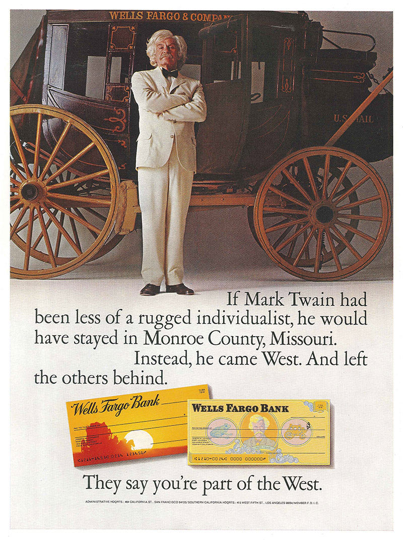 An advertisement with a man dressed in a white summer suit and black string tie folds his arms and stands before a red and yellow stagecoach.