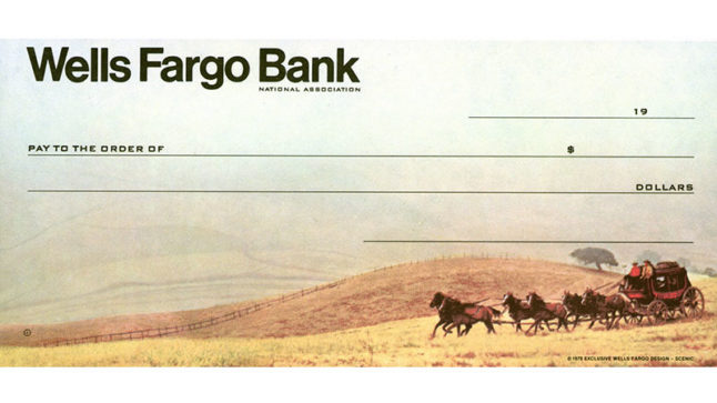 A check featuring a foggy landscape scene with grassy hills in the foreground. From the right a stagecoach and six horses gallop onto the scene.
