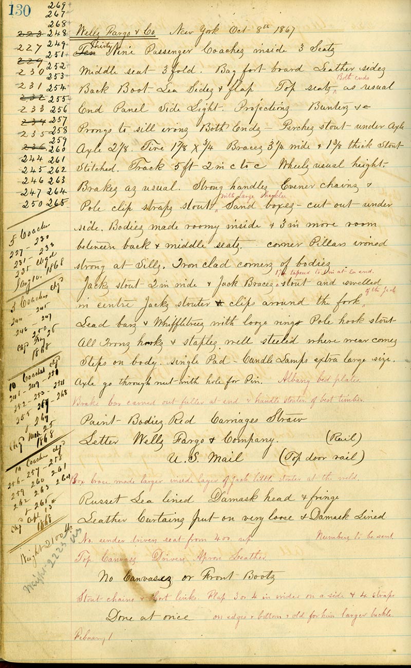 A page from an Abbot-Downing coach order book from October 8, 1867. The page lists construction specs, while the left margin is full of handwritten notes. Image link will enlarge image.