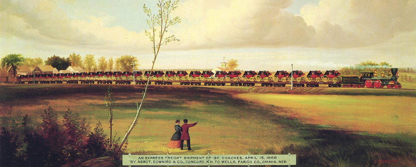 Colorful landscape scene depicting a train hauling 30 stagecoaches. A couple stand in foreground viewing the train passing by.