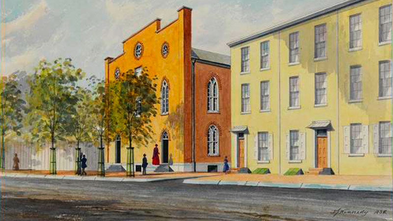 Illustration of a church building on a street