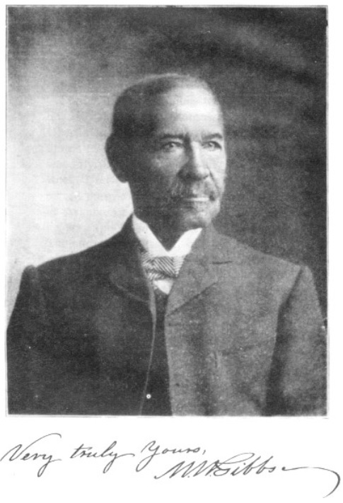 A black and white image features the headshot of Mifflin Gibbs. He wears a suit jacket with a white shirt, striped tie, and dark vest underneath. He is looking toward his left.