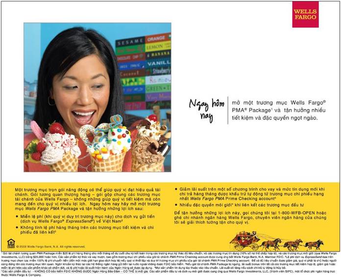 Advertisement in Vietnamese text showing woman holding ice cream cones.