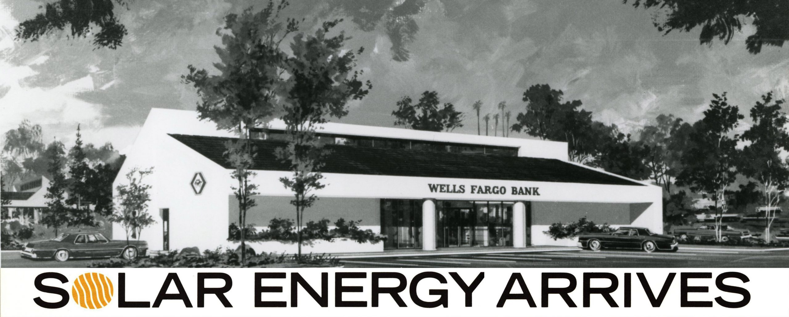 Illustration of a Wells Fargo branch building. Solar panels are visible on a canopy.