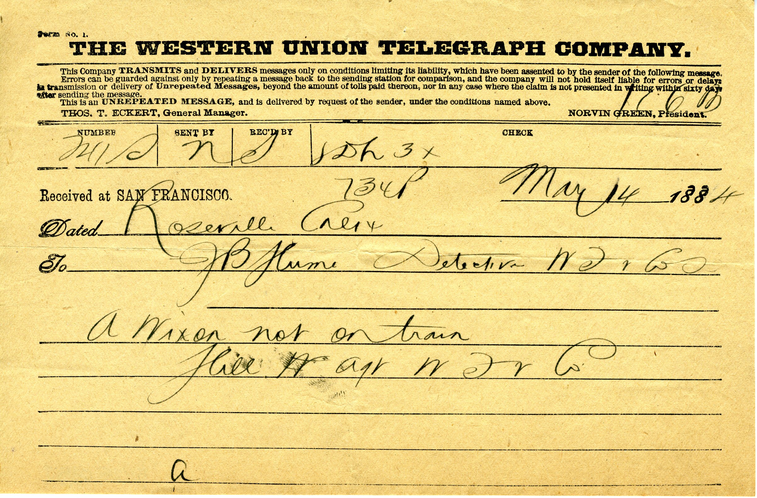 Yellow telegram to James Hume signed by Hill, Agent Wells Fargo and Co. Dated May 14, 1884.