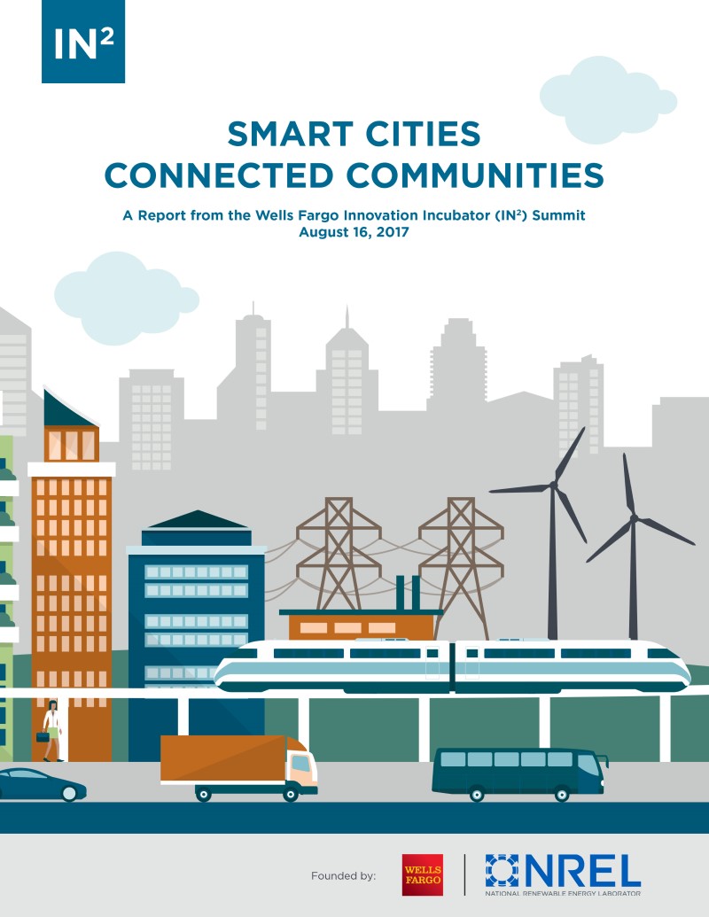 Report cover titled “Smart Cities, Connected Communities” with illustration of a city skyline, windmills, elevated train, and various vehicles on road.