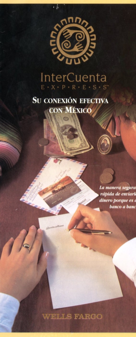 Wells Fargo brochure for InterCuenta Express, showing person handwriting a note with various currencies on desk.