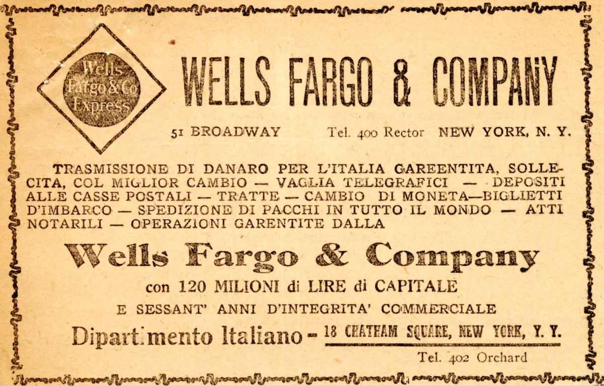 Newspaper clipping of advertisement for Wells Fargo & Company in Italian.