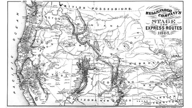 An 1867 map of Wells Fargo’s stage and express routes connecting offices in a regional network in the western United States.